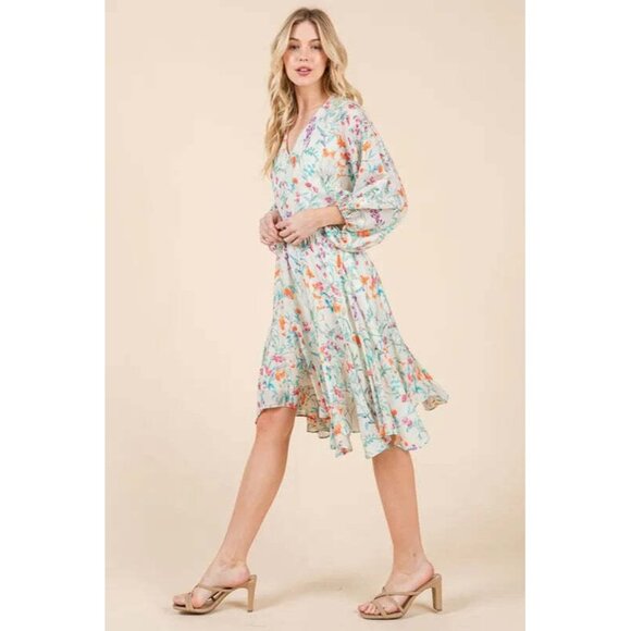 Lime 'N' Chili Floral Cinched Waist Balloon Sleeve V-Neck Dress - Picture 6 of 10